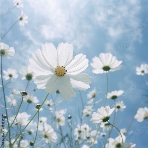 White cosmos flowers on blue sky background. Beautiful white cosmos flowers in the field