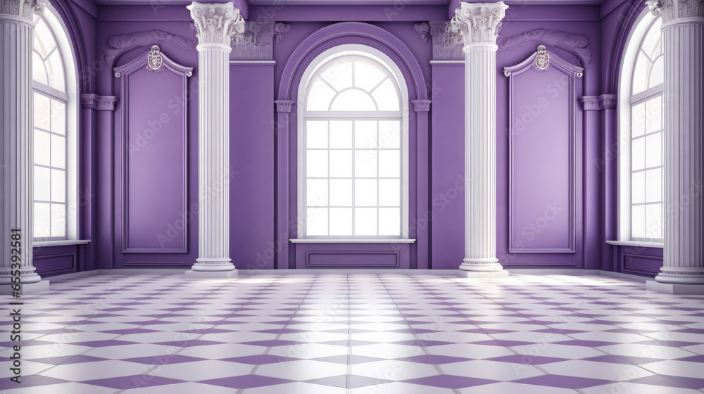 vibrant purple room with elegant columns and a stunning checkered floor, two white Greek columns with a large light window in the center
