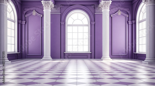 vibrant purple room with elegant columns and a stunning checkered floor  two white Greek columns with a large light window in the center