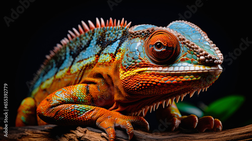 rainbow chameleon on black background. Generative AI