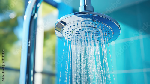 Water saving bathroom fixtures concept  close-up of shower head with clean water streaming out  drops and splashes.