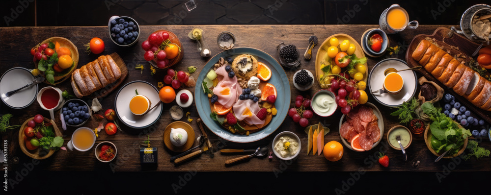 Fancy healthy breakfast spread on a big table, wide banner