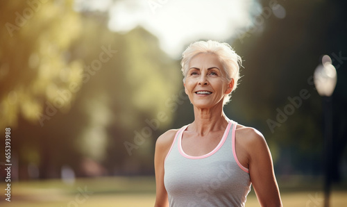 Elderly/senior woman in sportswear jogging outdoors, active and energetic