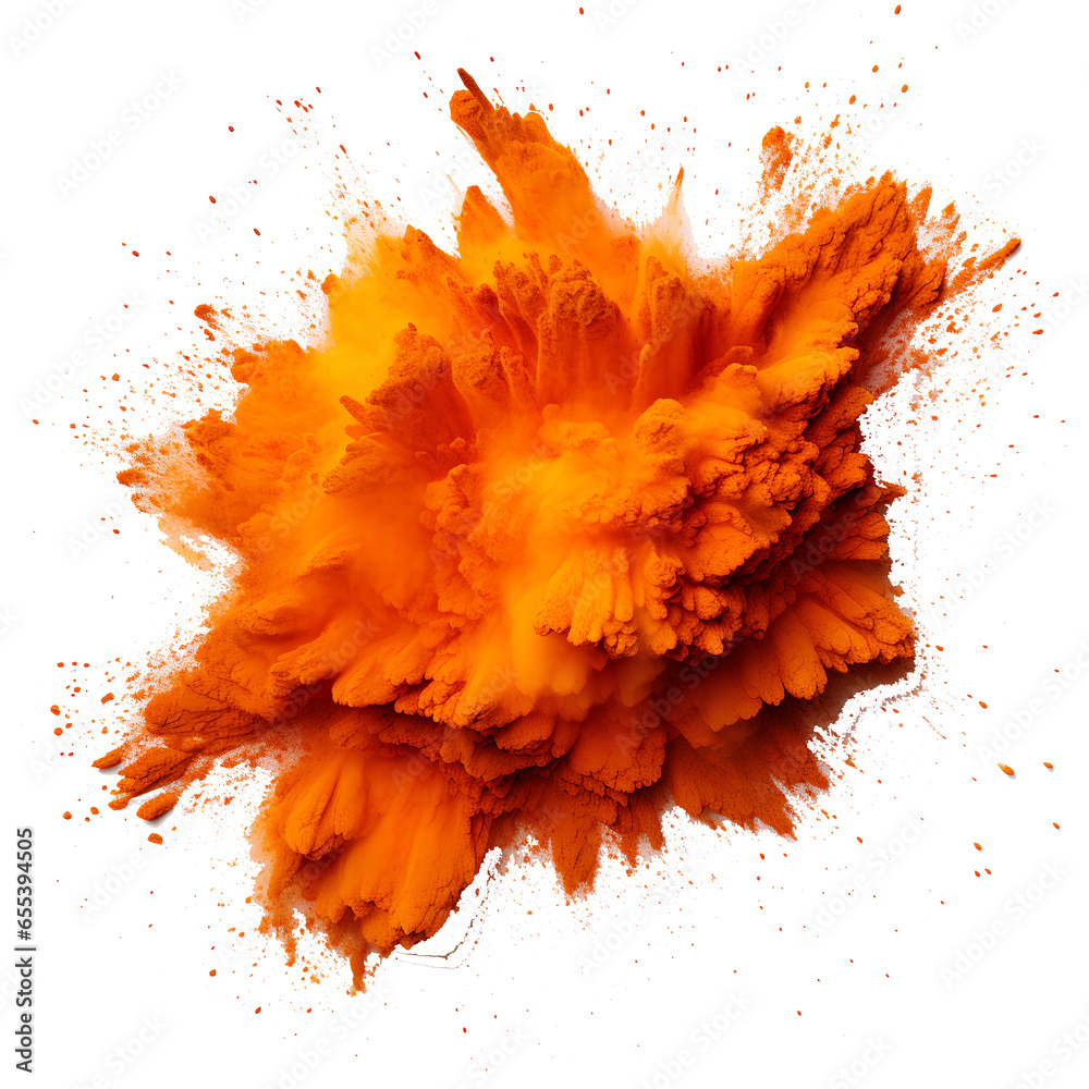 bright orange holi paint color powder festival explosion burst isolated white background. industrial print concept background - obrazy, fototapety, plakaty 