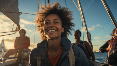 A woman on a sailboat laughing at the sunset with curly hair.