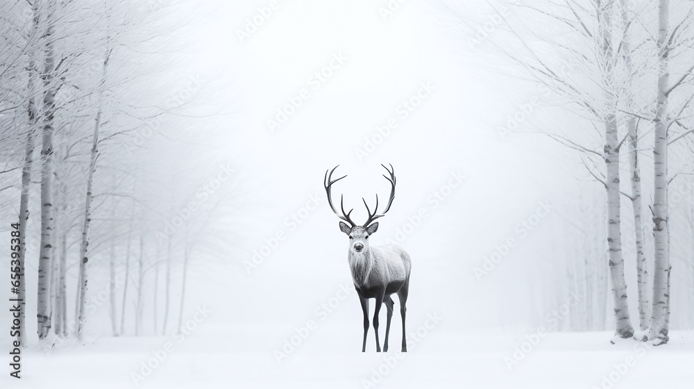 illustration d'un cerf debout au milieu d'un paysage brumeux et enneigé. - obrazy, fototapety, plakaty 