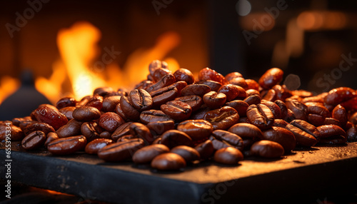 Burning wood, dark coffee, hot drink, steam, selective focus, rustic generated by AI