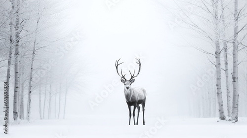 illustration d'un cerf debout au milieu d'un paysage brumeux et enneigé.