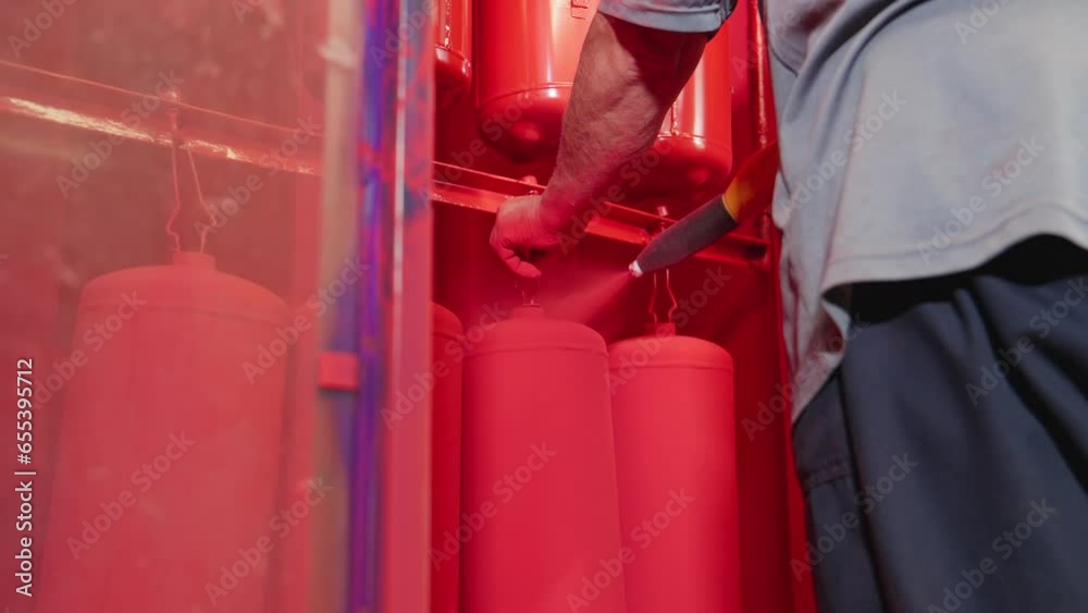 Worker spraying red paint on detail in painting chamber. Worker paints fire extinguishers with
