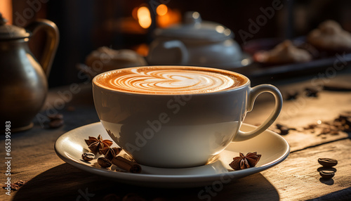 Aromatic coffee cup on wooden table  a frothy  refreshing indulgence generated by AI