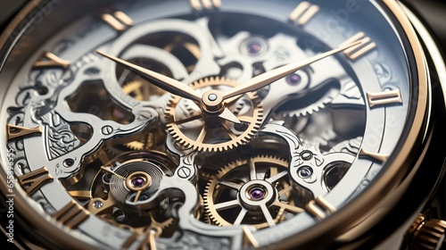 close up of a luxerious mechanical watch with a silver metalic strip photo