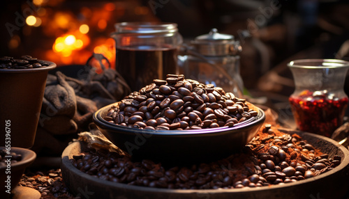Freshly ground coffee beans create a dark, aromatic, gourmet beverage generated by AI