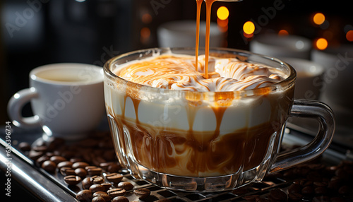 Aromatic coffee, hot drink, frothy milk, sweet chocolate, refreshing caffeine generated by AI