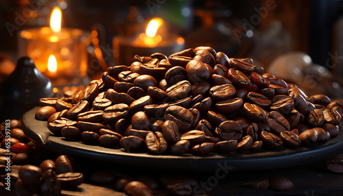Dark bean freshness, gourmet coffee, heat on wooden table generated by AI