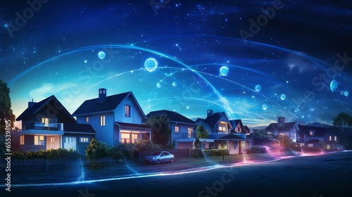 Digital community, smart homes and digital community. DX, Iot, digital network in society concept. suburban houses at night with data transactions. 
