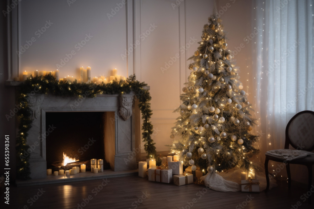 fireplace with christmas tree and decorations

