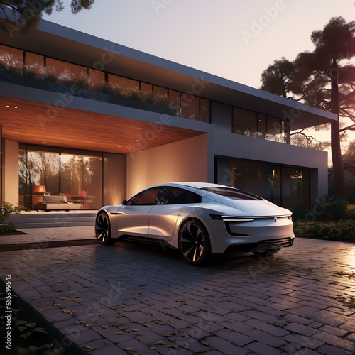 an electric car charging in the driveway of a luxerious house at sunrise