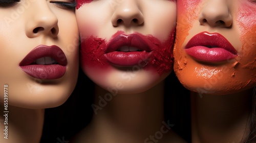  Beautifully painted female lips of different shades and colors. Models with lip makeup. Bright evening look