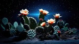 Cactus at night with starry sky. 3D rendering.