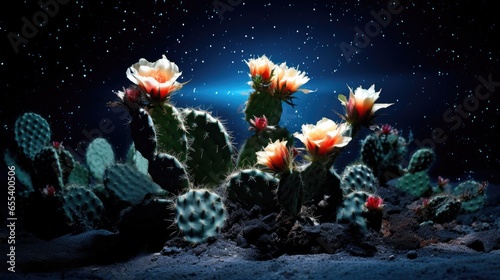 Cactus at night with starry sky. 3D rendering.