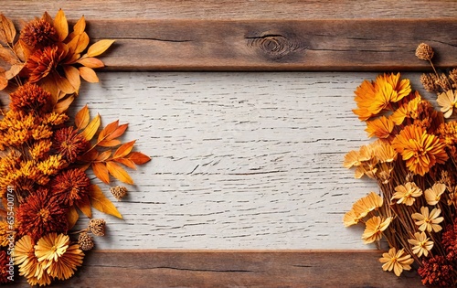 Orange flowers in a wooden frame with space for text. photo