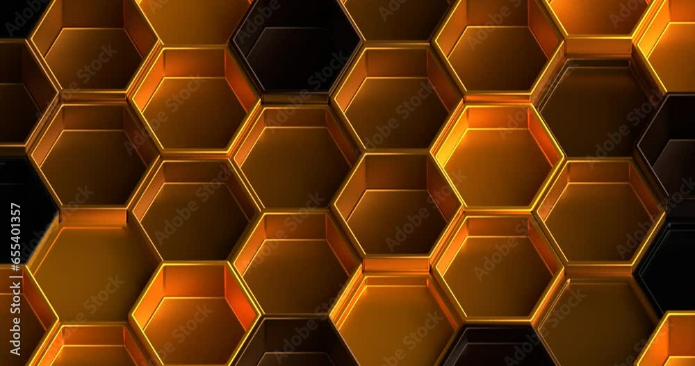 Orange yellow black hexagons, abstract video of honeycomb, 3d rendering Orange yellow black hexagons, abstract video of honeycomb, 3d rendering