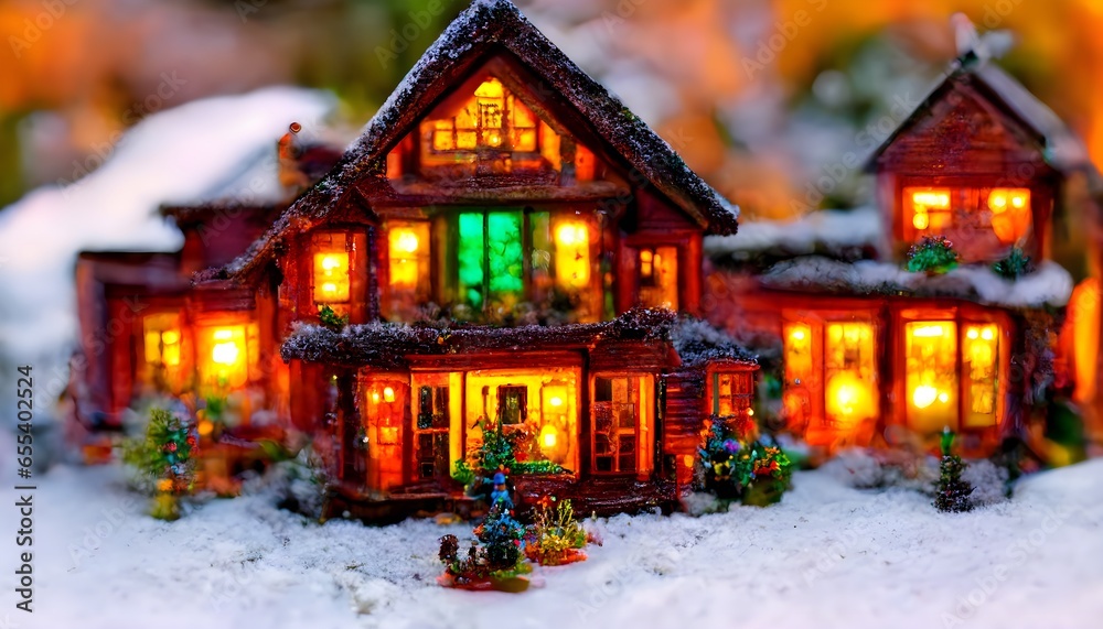 environment fantastical bright colourful christmas lights and decorations on a beautiful farm house with wood trim accents and large multi pane windows christmas figures in the front yard surrounded 
