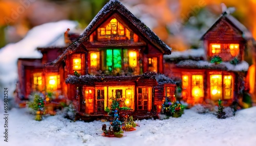 environment fantastical bright colourful christmas lights and decorations on a beautiful farm house with wood trim accents and large multi pane windows christmas figures in the front yard surrounded 