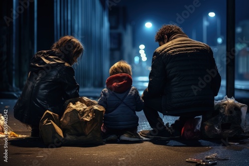 Homeless family living on the streets, at night, facing away from camera, blurred town in the background
