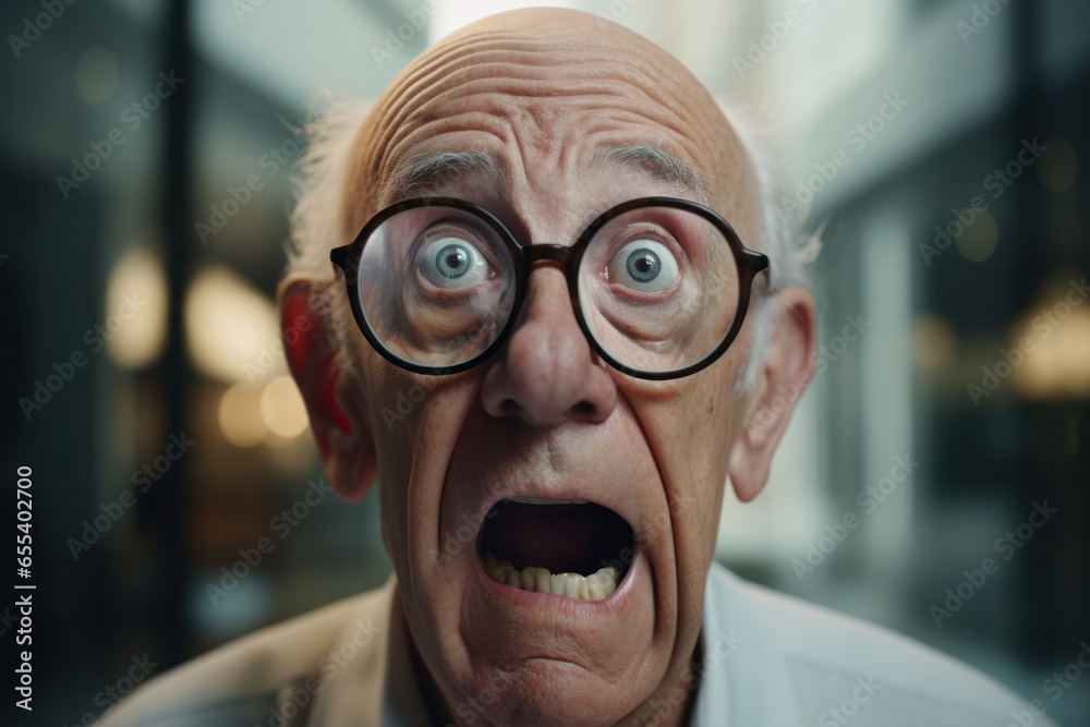 Astonished Elderly Gentleman with Wide-Open Mouth and Large Round Eyes, Sporting Eyeglasses in a Bank Office Setting.