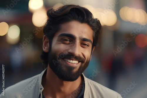 Confident Indian Man with a Brilliant Smile: Perfect Dental Advertisement Material. Stylish Hair, Beard, and Strong Jawline, Captured on the Street.