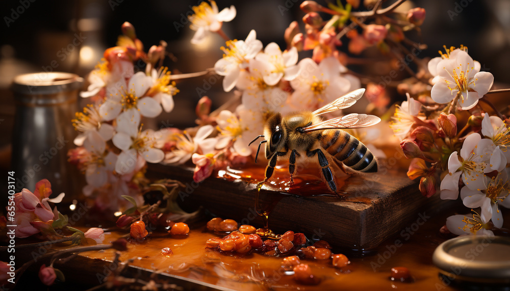 Honey bee, nature sweetness, pollinates flowers, bringing freshness to springtime generated by AI - obrazy, fototapety, plakaty 