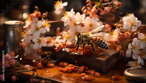 Honey bee, nature sweetness, pollinates flowers, bringing freshness to springtime generated by AI