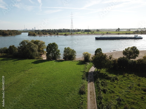 Dinslaken, Germany - October 1st, 2023: An aerial view of the Rhein and the German landscape near Dinslaken city.