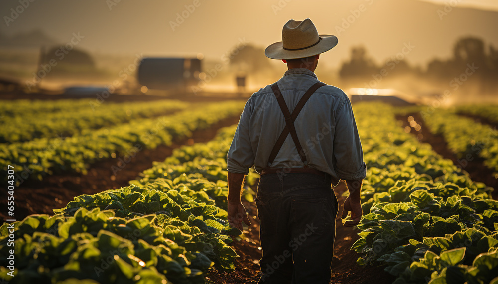 A mature farmer working in the field at sunrise, harvesting crops generated by AI