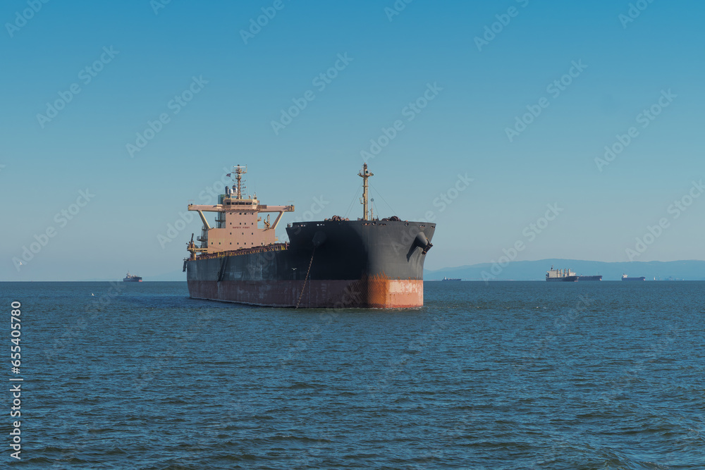 Cypress flagged bulk carrier ship Macheras moored in San Francisco Bay before heading up the San Joaquin River to the Port of Stockton.