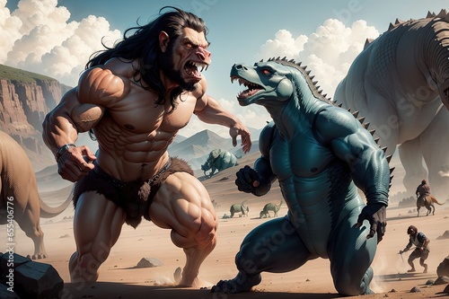 funny dinosaur and troglodyte caveman stone age characters illustration generative ai photo