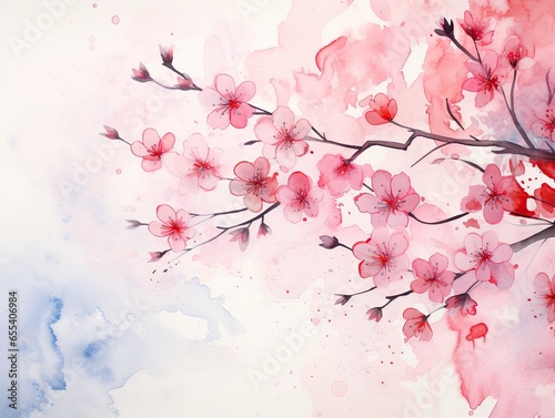 A watercolor illustration of a cherry blossom branch with soft pink flowers, evoking the beauty of spring. © Infusorian