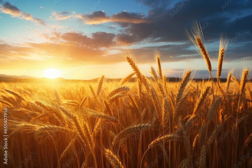 Obraz premium Close up view on wheat field with golden sunset light during sunny summer day. Generative Ai.