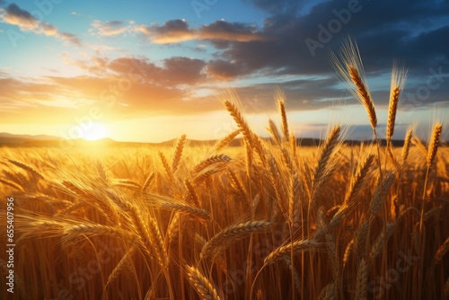 Close up view on wheat field with golden sunset light during sunny summer day. Generative Ai. © annamaria