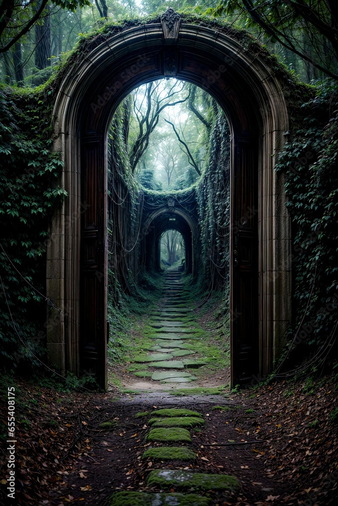 Fototapeta premium 3d rendering of a fantasy doorway portal framed by green vines leading into a idyllic garden. Generative AI