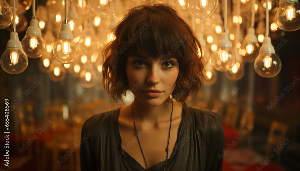A beautiful young woman, confident and smiling, looking at camera generated by AI