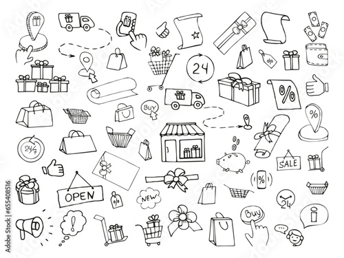 Shopping, E commerce hand drawn vector doodles, icon set isolated on white background. Set of gift boxes, bows, ribbons, shopping bags, label icons, sale tags, shopping carts in sketch style.