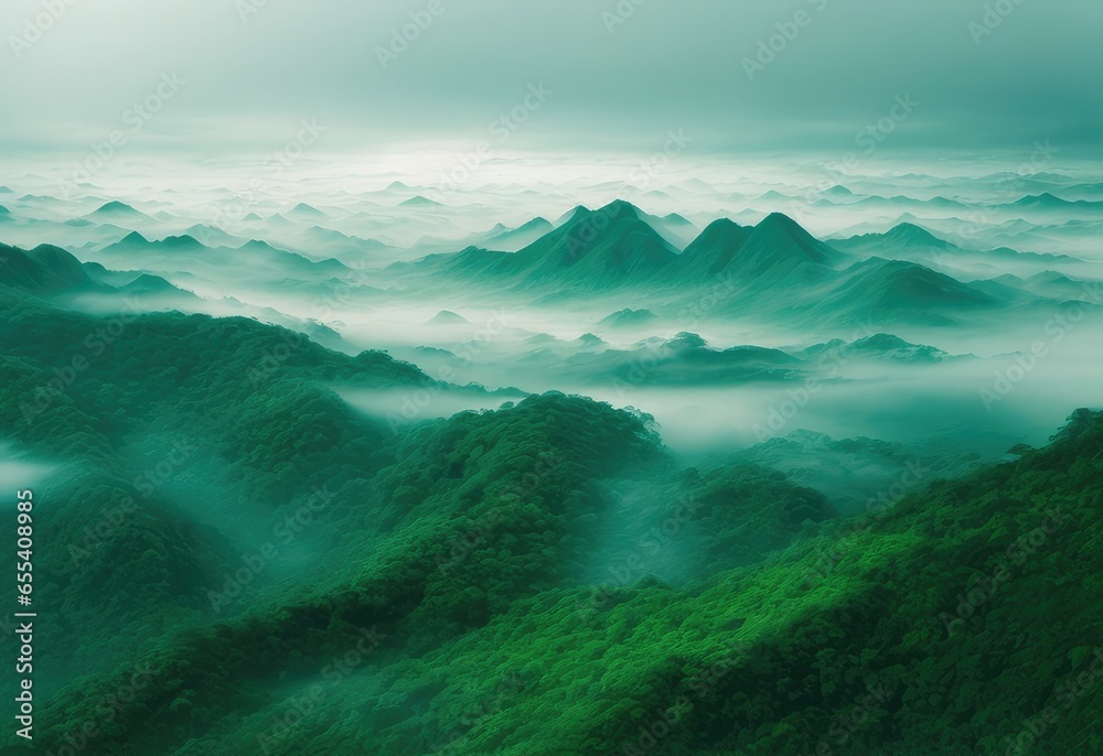 jungle setting with haze. A mountain valley in the tropics is shrouded in fog. View from above, expansive misty vista. Copy space for text, advertising, message, logo jungle setting with haze. A mountain valley in the tropics is shrouded in fog. View from above, expansive misty vista. Copy space for text, advertising, message, logo