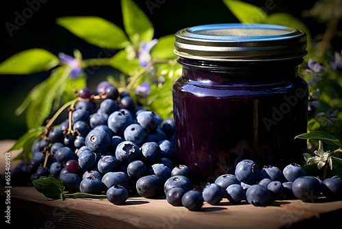 Glass jar of blueberry jam and heap of blueberries on wooden table.