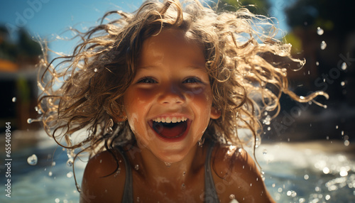 Smiling women enjoying carefree summer, playing in water, laughing joyfully generated by AI © Gstudio
