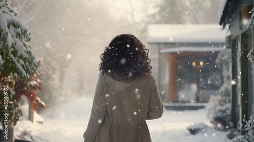 Woman with curly hair looking at the snow