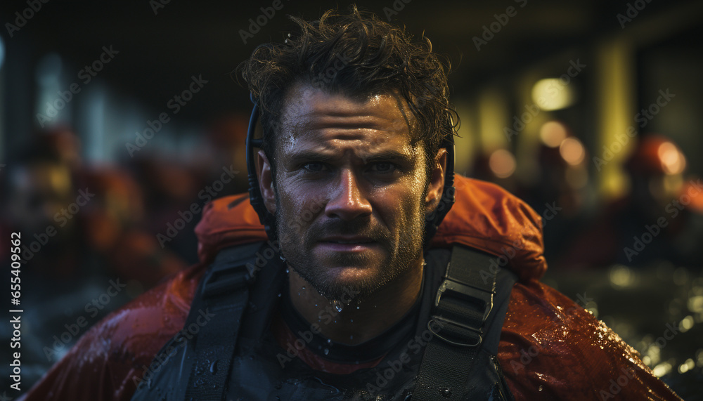 A smiling man, wet from adventure, looking at camera confidently generated by AI