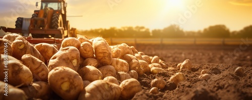 Fresh potatoes messy from ground on farm field behind tractor, banner panorama. Generative Ai.