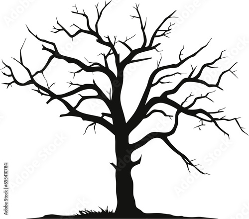 Old dry, bare tree. Black silhouette. Sketch hand drawn. Isolated on white background